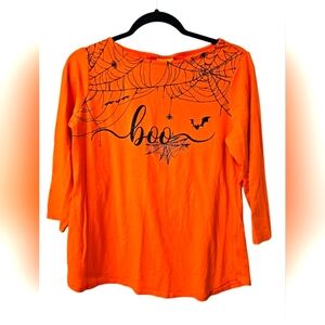RARE Ruby Rd Halloween Pumpkin Orange & Black Boo Spiderwebs Bat Half Sleeve Top